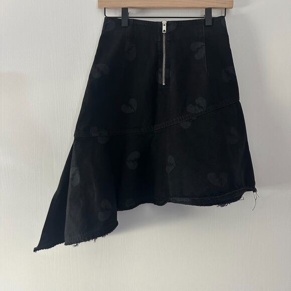 Peacebird Black Denim Skirt Asymmetrical Hem Broken Heart Print Y2K Grunge Small - Picture 5 of 8